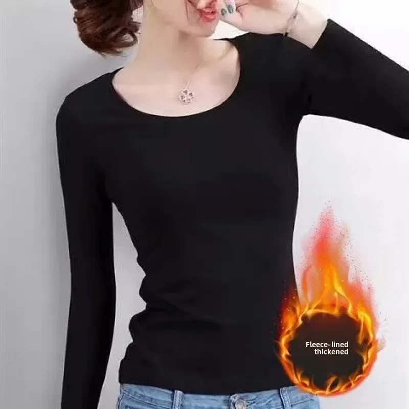 Damska koszulka z długim rękawem, ocieplana polarem, gruba, jednolita, ciepła na jesień i zimę, do noszenia jako bielizna, modny i uniwersalny top.