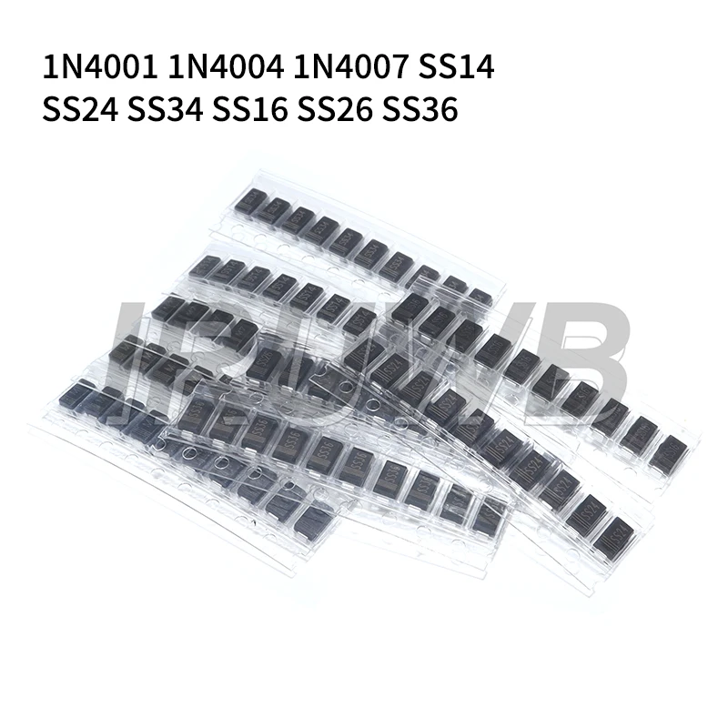 90 PCS Diodo Retificador SMD Schottky Diodo Kit 1N4007 1N4001 1N4004 SS14 SS24 SS34 SS16 SS26 SS36