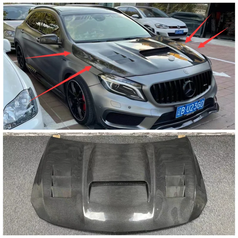 

Для Mercedes Benz X156 GLA45 AMG 2015-2019 передний бампер из настоящего углеродного волокна, капот двигателя, вентиляционная крышка, крышка машины, комплект кузова