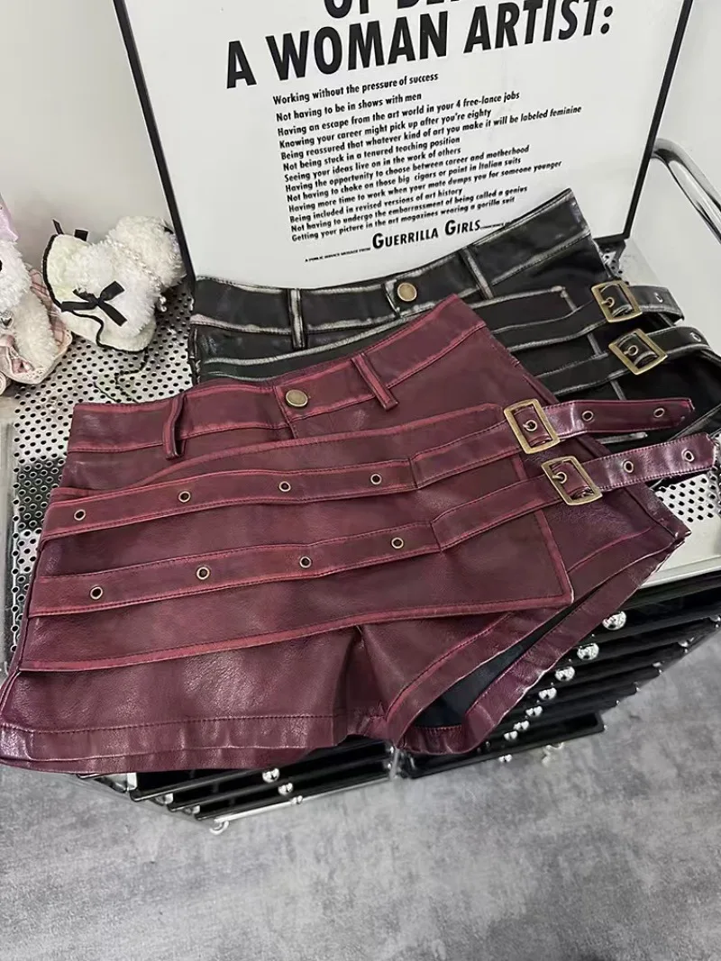 

Сексуальная кожаная женская короткая юбка в стиле Харадзюку в американском стиле, 2021, индивидуальный пояс, асимметричный дизайн, юбка с высокой талией, тонкая юбка
