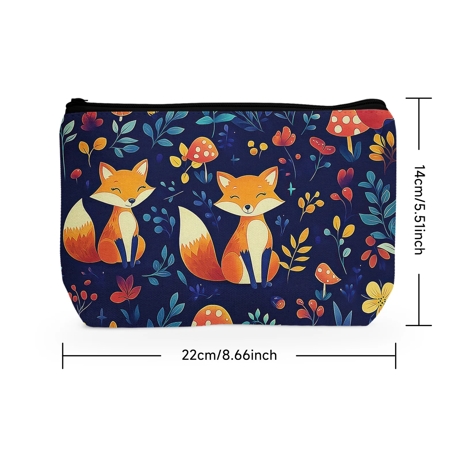 1Pc Cute Cartoon Fox Pattern Cosmetic Bag Mushroom Leaves Plant Animal Theme Black Background Cosmetic Bag