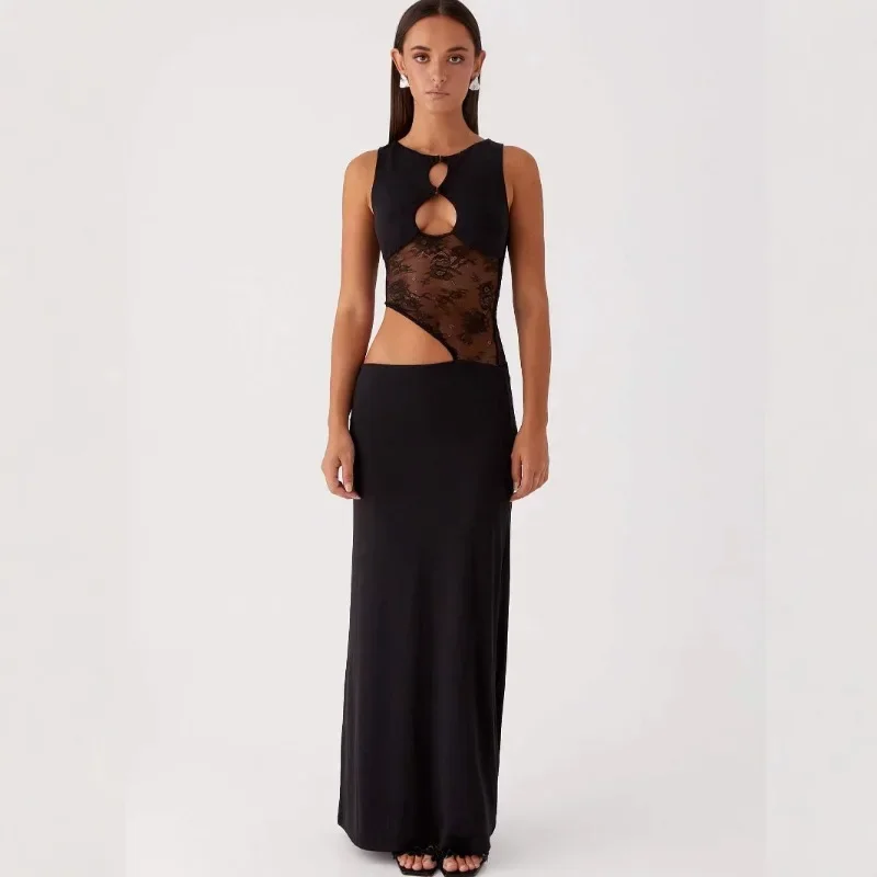 Spring/Summer New Product Fashionable and Sexy Backless Hollow Splicing Slimming Dress European and American Style