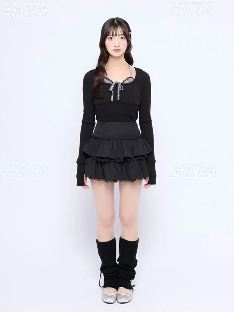 

Japanese Lace-up Fake Two Piece Stretch Sleeved Finger Long Sleeved Lapel Black T Shirts Women Sweet Commuter Lace Tshirt Tops