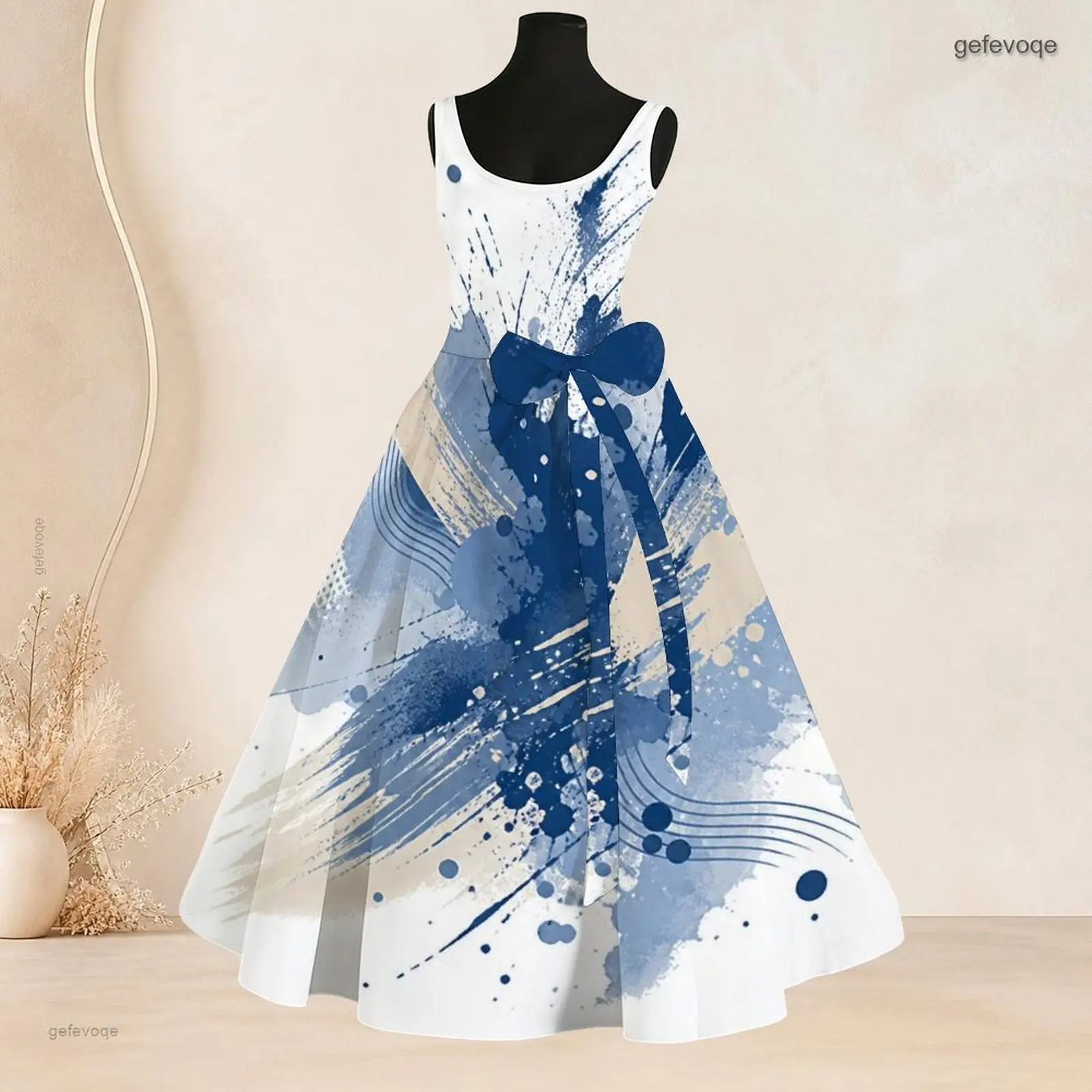 Women Sleeveless Round Neck Printed Abstract Blue Beige Brush Splash A-Line Flared Long Dress with Waist Bow