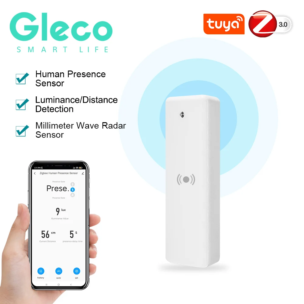 Датчик присутствия человека Gleco Zigbee, детектор присутствия Tuya для умного дома, MmWave, радар, датчик расстояния для осветительной лампы