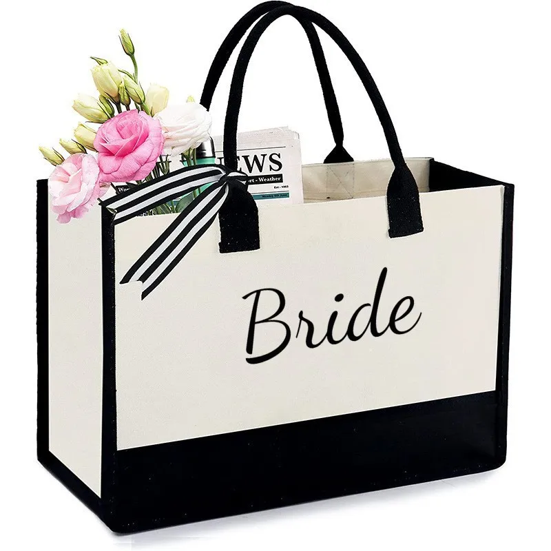 Bride Printed Canvas Bag Simple and Fashionable Shopping Bag Wedding Decoration White and Black Large-Capacity Open-Top Handbag