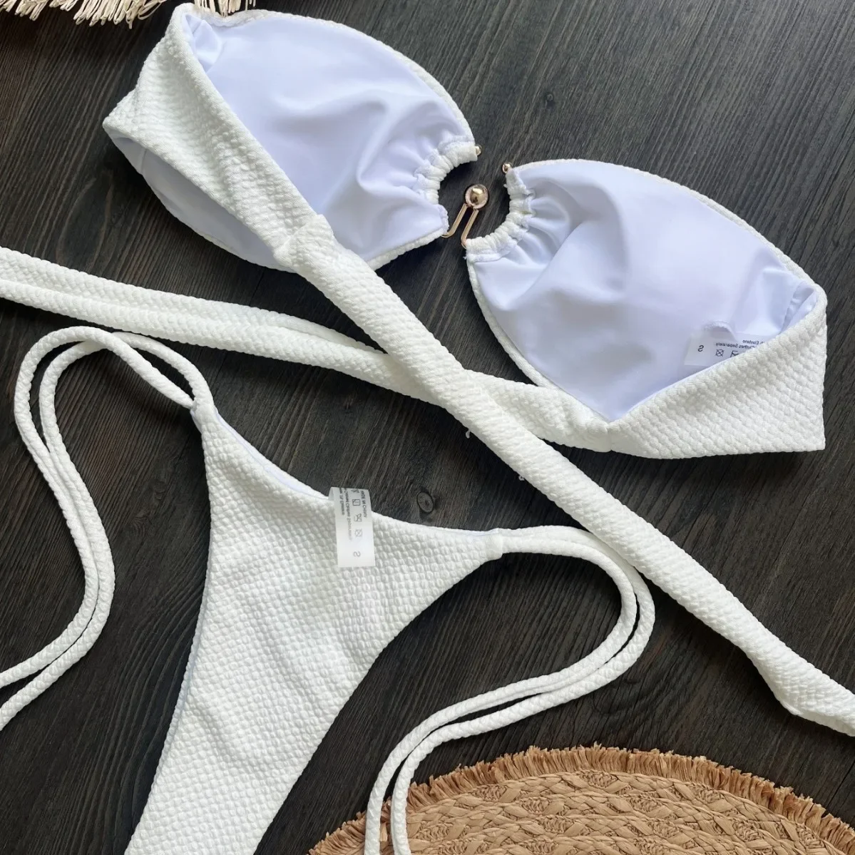 새로운 주름진 반도 금속 반지 끈 팬티 비키니 여성 수영복 여성 수영복 2 피스 비키니 세트 Bather 수영복 수영