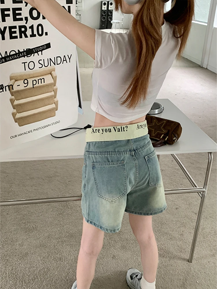 Pantaloncini di jeans lavati blu larghi casual da donna Pantaloncini vintage Harajuku Y2K con stampa di lettere a vita alta Jeans larghi stile street