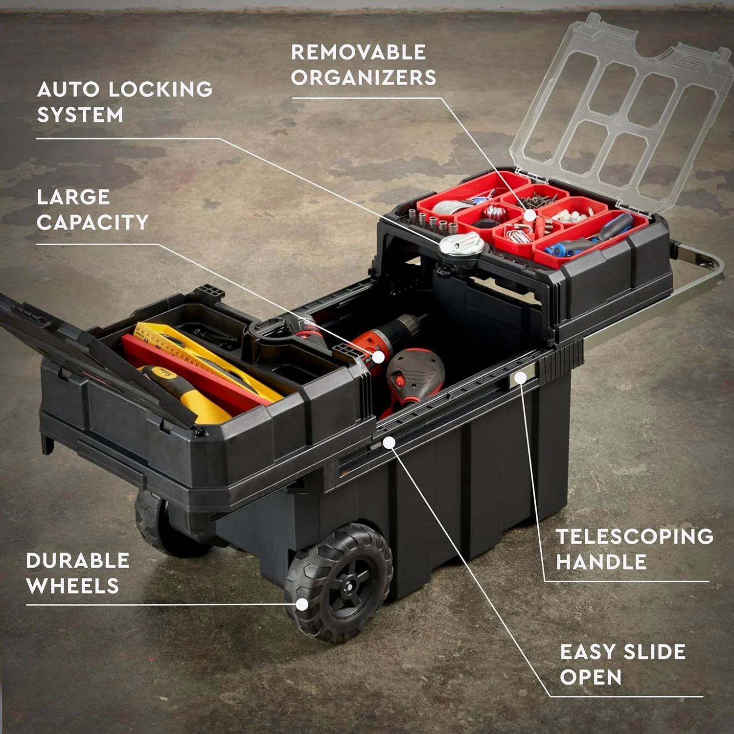 Masterloader Resin Rolling Tool Box with Locking System and Removable Bins