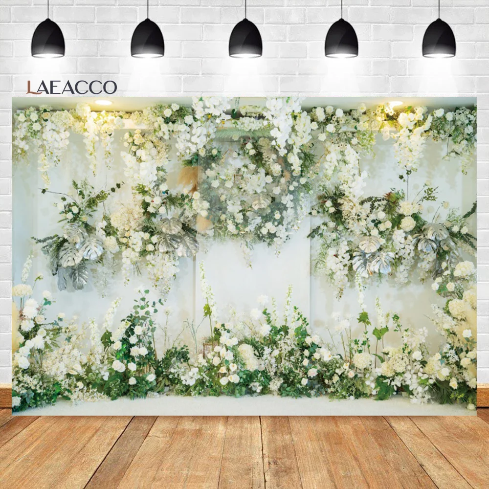 

Laeacco Wedding Backdrop White Flower Wall Floral Marriage Ceremony Bridal Shower Mother's Day Portrait Photography Background