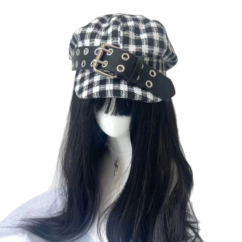 

Y2K Black White Plaid Newsboy Cap Women Gothic Punk Belt Buckle Octagonal Beret Hat Fashion Painter Hat Adjustable Streetwear
