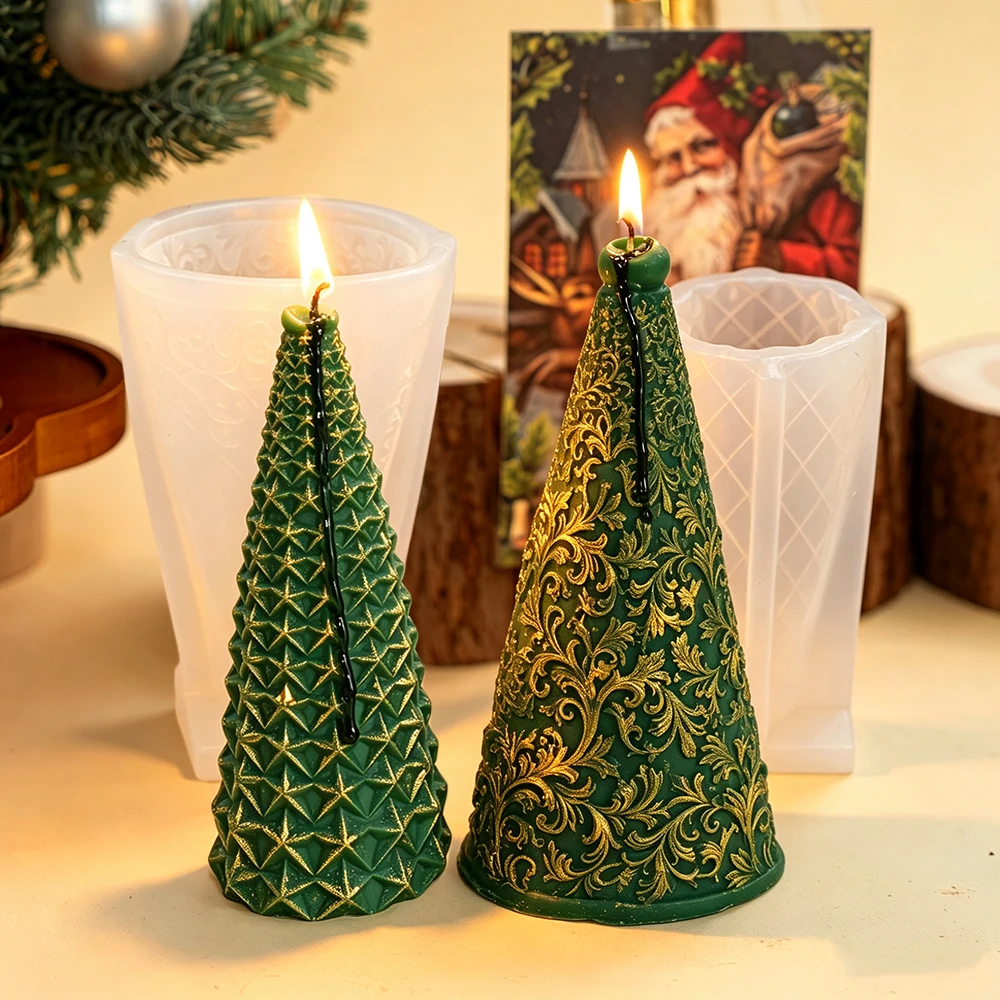3D Conical Christmas Tree Silicone Candle Molds, Vintage Embossed Floral Pine Tree Mold for DIY Candles Soap Plaster Xmas Decor