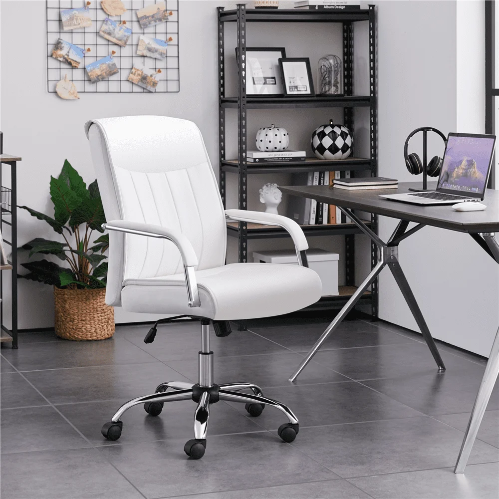 Executive Padded Mid-Back Home Office Desk Chair with Armrest, Adjustable Height Computer Chairs, 360-Degree Swivel, Leather