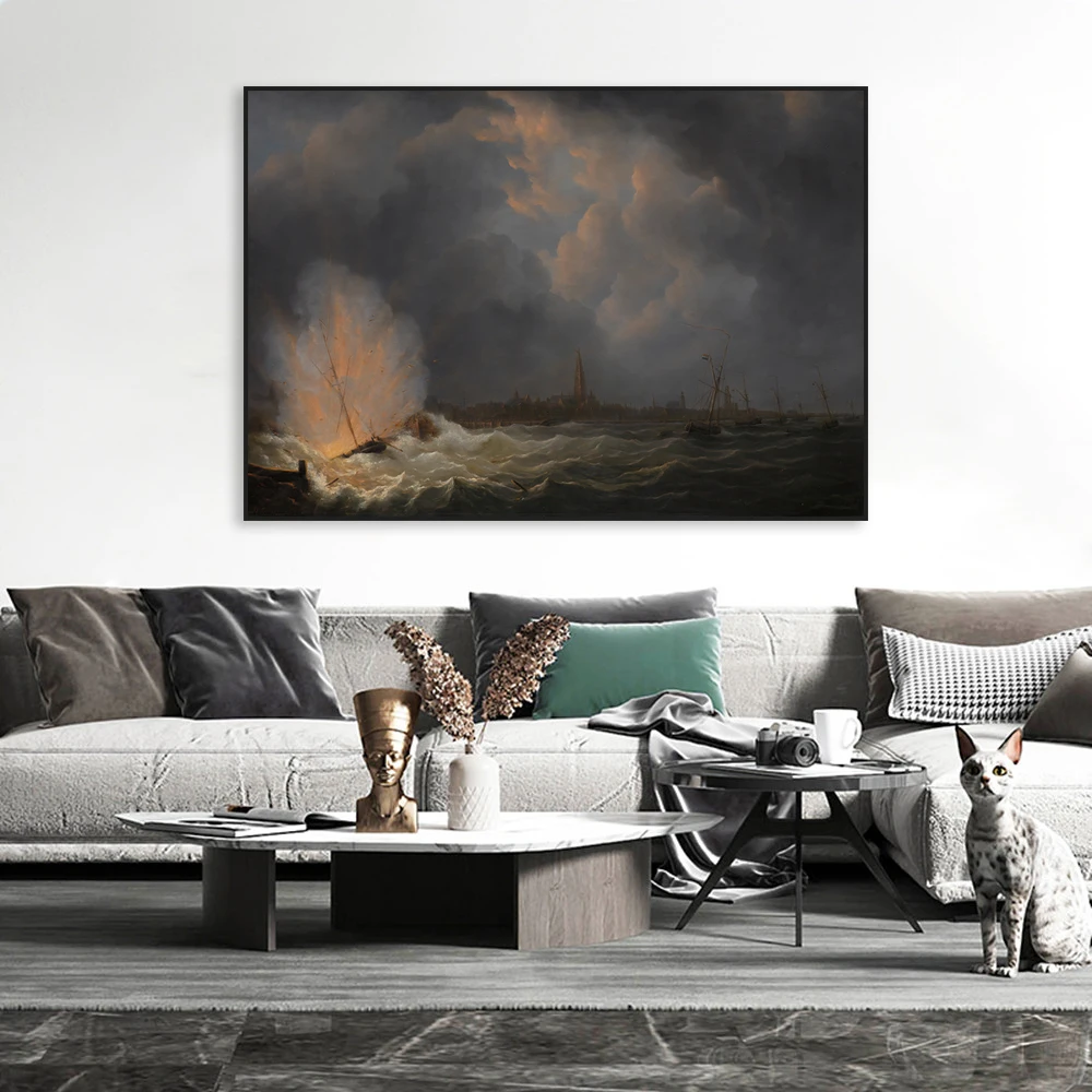 Vintage Ship Sea Poster Classical Explosion at Antwerp of Dutch Gunboat Oil Painting Wall Art Prints Landscape Canvas Painting