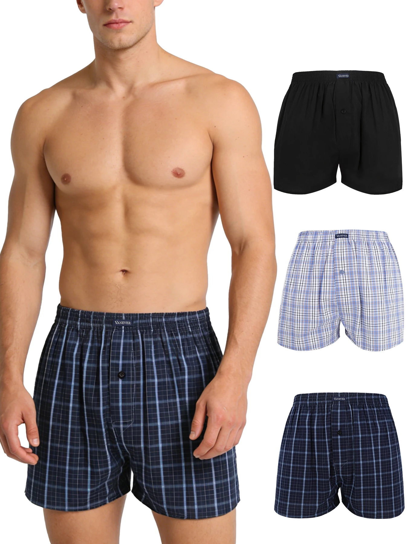 

VANEVER 3 Pcs Boxers, Mid Waist Knit Cotton Woven Shorts, Loose Fit Plaid Men's Panties, Comfortable Homewear Men’s Underwear