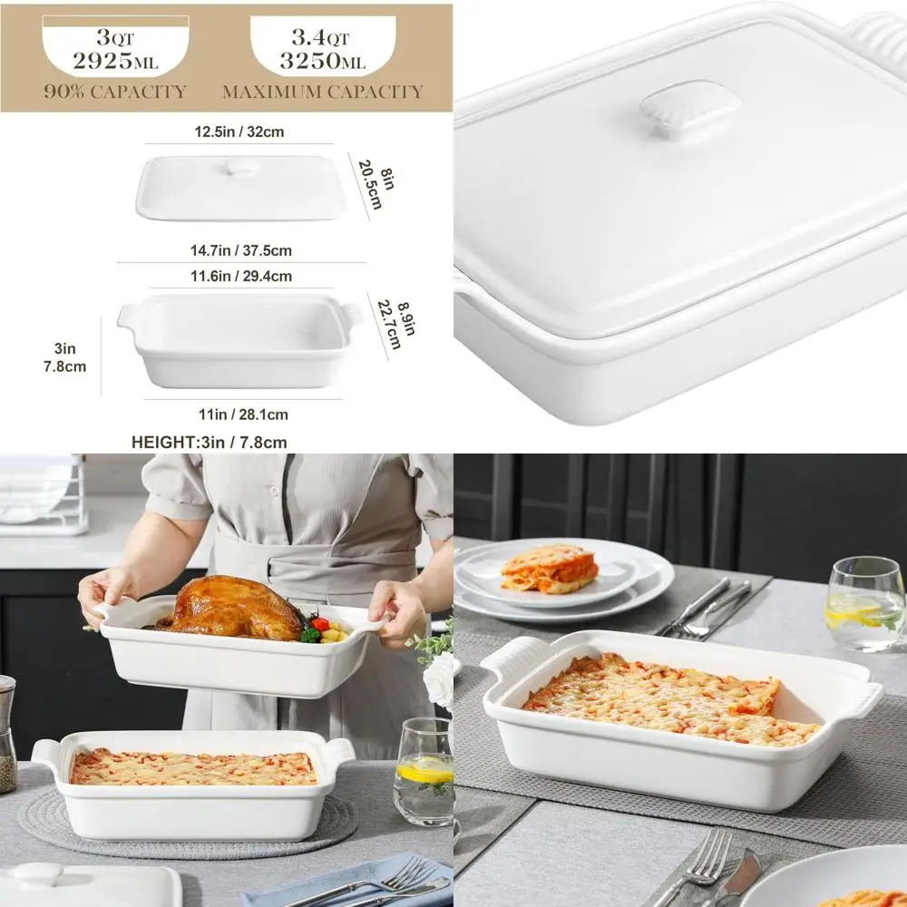 

White Porcelain 3.4 Qt Casserole Dish with Lid, 13x9 Inch Deep Lasagna Pan, Rectangular Oven-Safe Bakeware Series BAKE
