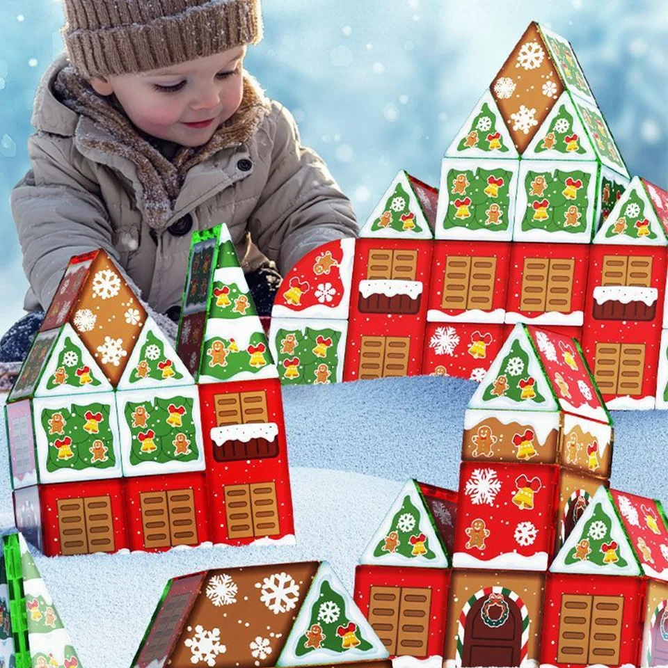 70/104/152pcs Christmas Colorful Window Magnetic Tile Building Blocks Set DIY Puzzle 3D Puzzle New Year Toys Christmas Gifts ﻿