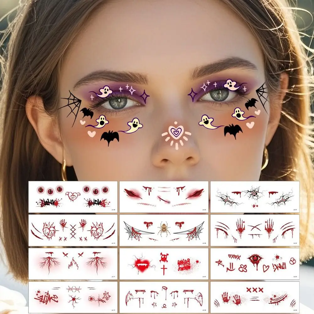

12pcs Disposable Halloween Face Tattoo Waterproof Long-acting Cheek Temporary Stickers Transparent Terrifying