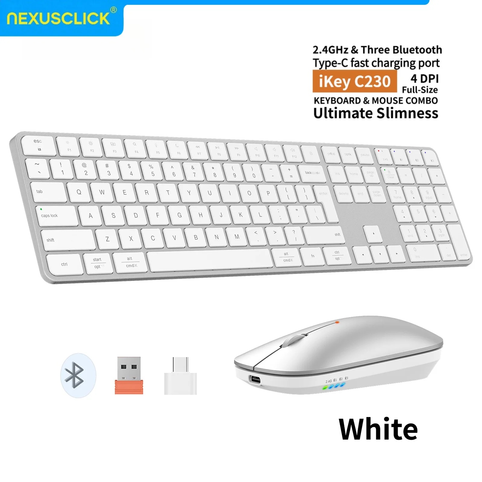 NexusClick Rechargeable Wireless Keyboard Mouse Combo,4‑Channel 2.4G BT Connection,Slim Quiet Keys,Adjustable DPI for Mac Office