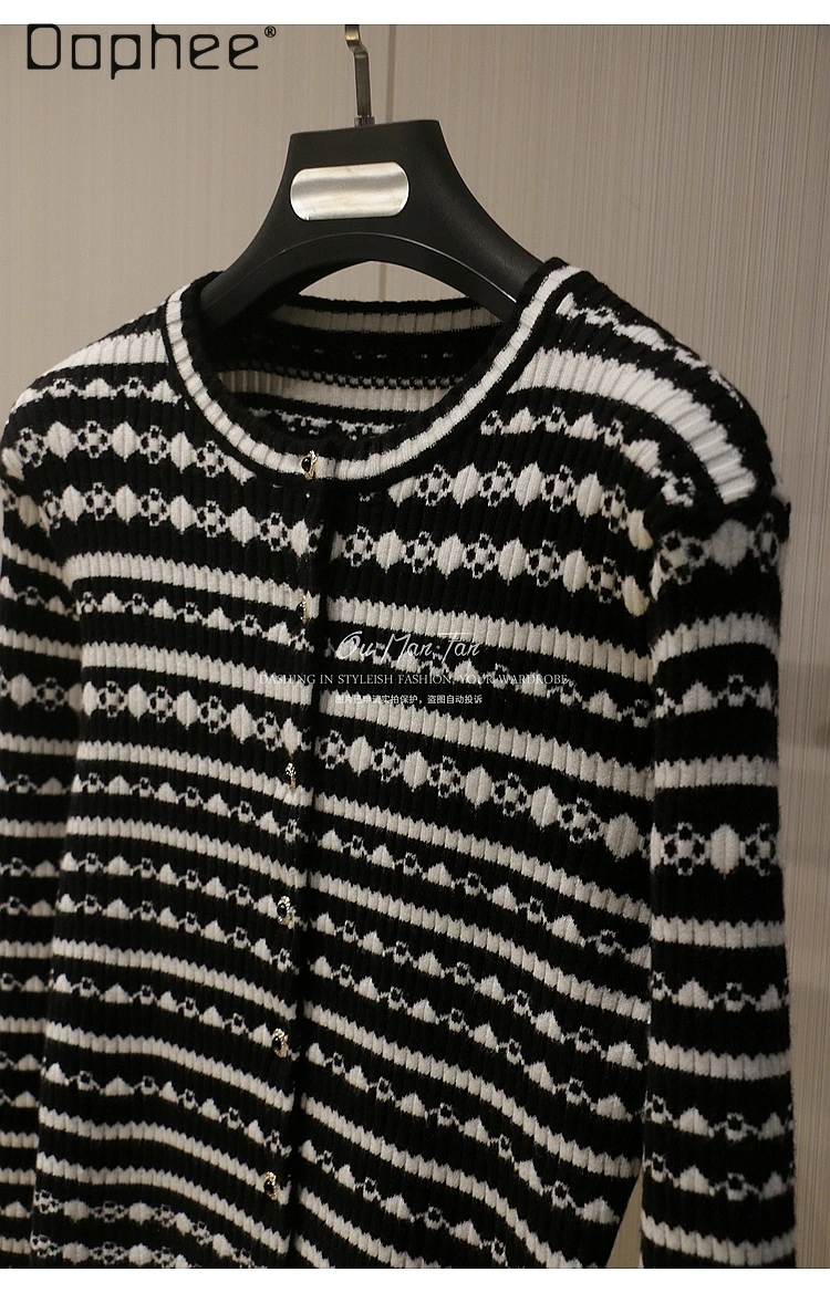 Herfst Nieuwe Franse Elegante Socialite Gestreept Gebreid Vest Vrouwen Woon-werkverkeer Stijl Mode Korte Ronde Hals Lange Mouw Truien
