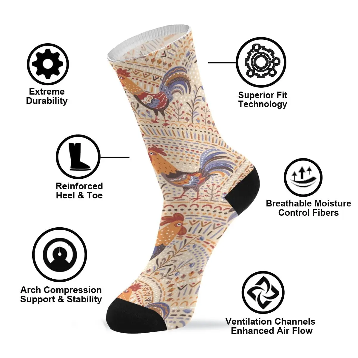 Womens Crew Socks Sports Socks Compression Socks Hiking Socks Cute Roosters Beige Tribal Print Comfort