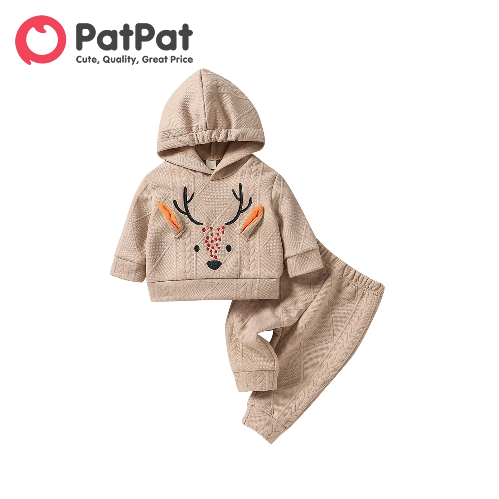 

PatPat 2pcs Baby Boy/Girl Deer Embroidered Long-sleeve Textured Hoodie and Sweatpants Set