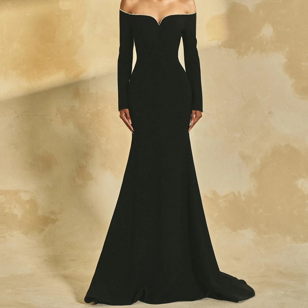 

Customized Black Mermaid Evening Dresses Floor-length Off The Shoulder Full Sleeve Prom Gown Fashion Crystal Draped Party Gown