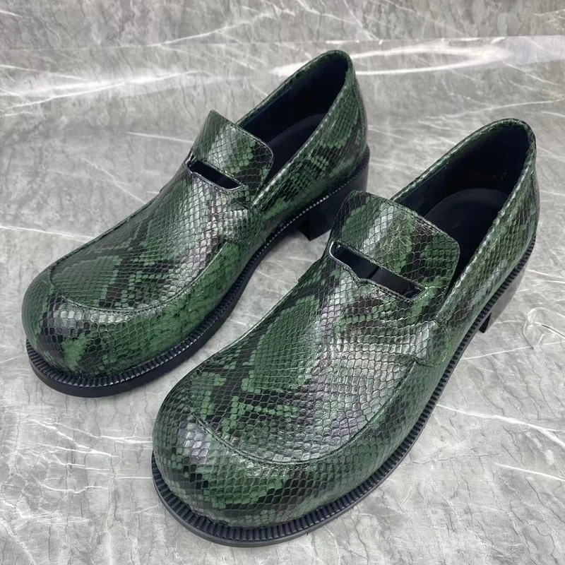 

British Big Head Green Snakeskin Pattern Leather Loafers Fashion Hollow Platform Men Shoes Slip-on Dress Shoes