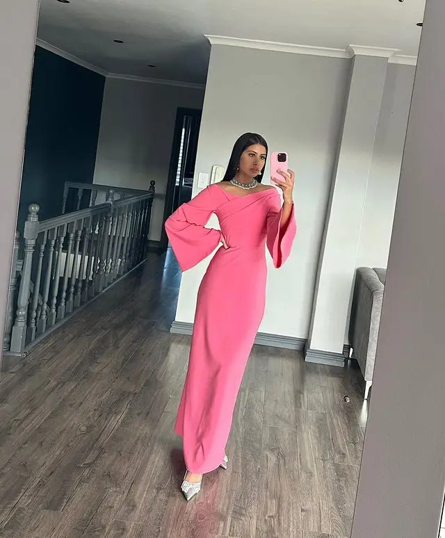 Msikoods Saudi Arabic Pink Women Party Formal Evening Dresses Flare Sleeve Women Prom Dress Celebrity Occasion Gowns Customized