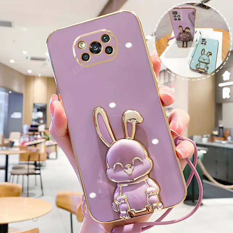 Pocox3pro Plating Rabbit Holder Lanyard Case On For Xiaomi Mi Poco X3 Pro X3pro X5 F4 F5 M3 M4 Silicone Stand Cover C40 C55 C65