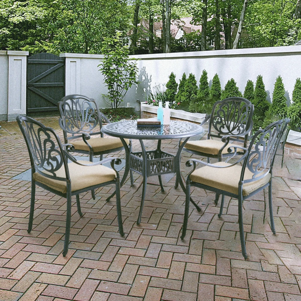 

Elizabeth Cast Aluminum Garden Furniture 5 Pcs Set Outdoor Dining Table Chair Include 1 Round Table+ 4Chairs with Cushions[US-W]