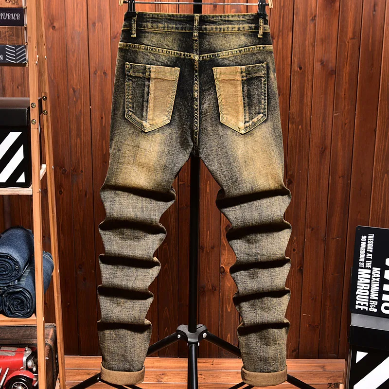 Retro Make Old Ripped Jeans Men's Stretch Yellow Mud Color Nostalgic Trendy Patch Slim-Fitting Ankle-Tied Motorcycle Trousers