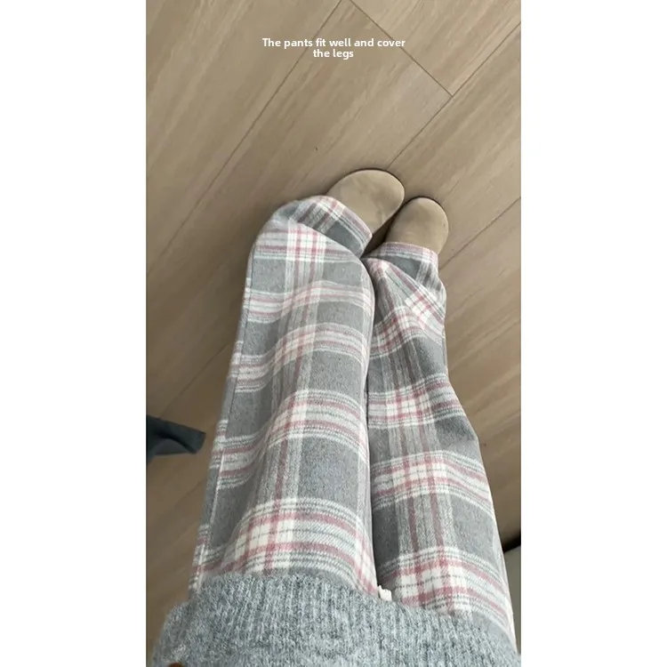 กางเกงขายาวทรงหลวมสไตล์เรโทรสำหรับผู้หญิง ฤดูใบไม้ร่วง ฤดูหนาว ผ้าวูลลายสก็อต ทรงหลวมสบายๆ เอวสูง ทรงตรง