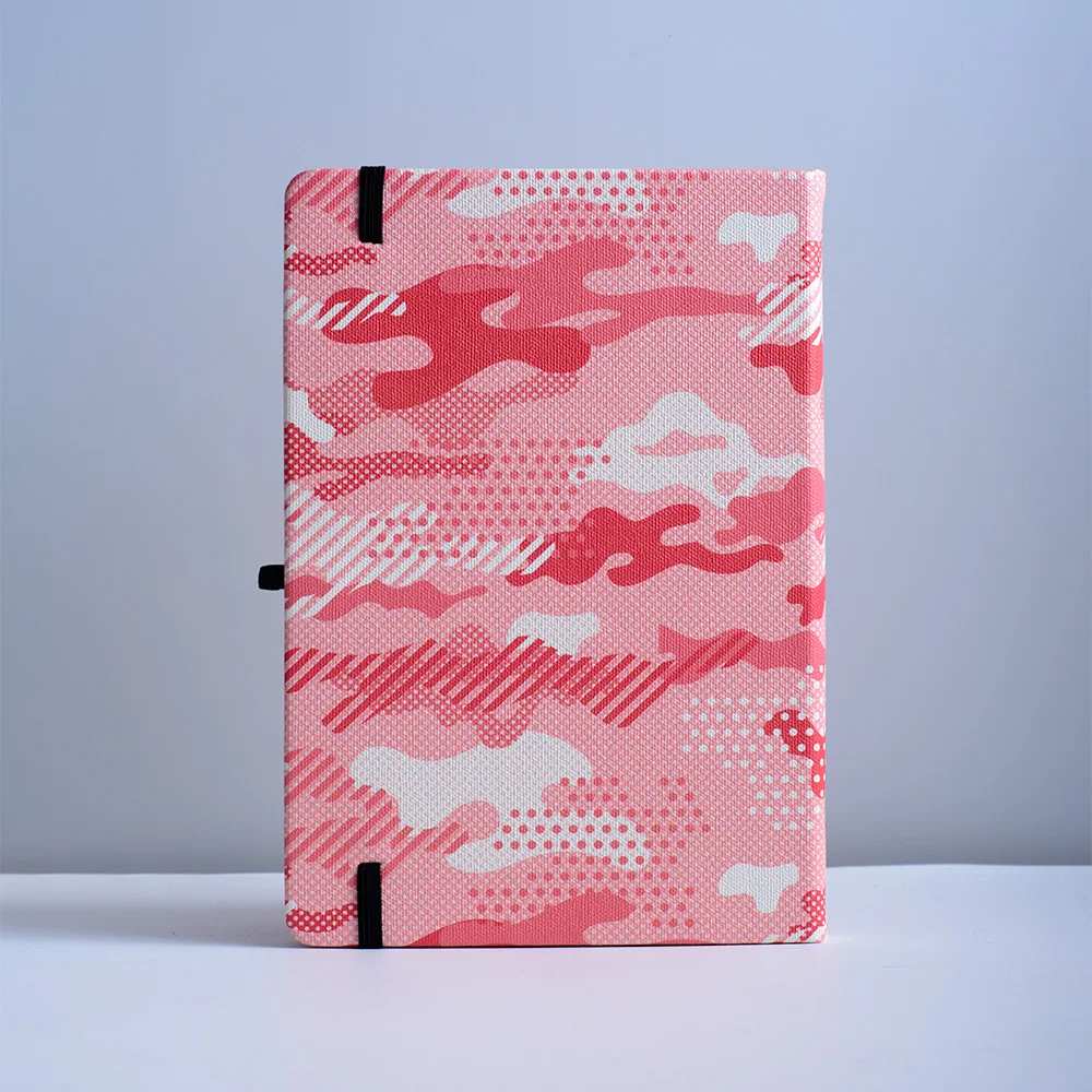 Pink Camouflage Lined Notebook Elastic Band Pen Loop 100gsm A5 Hard Cover Ruled Journal