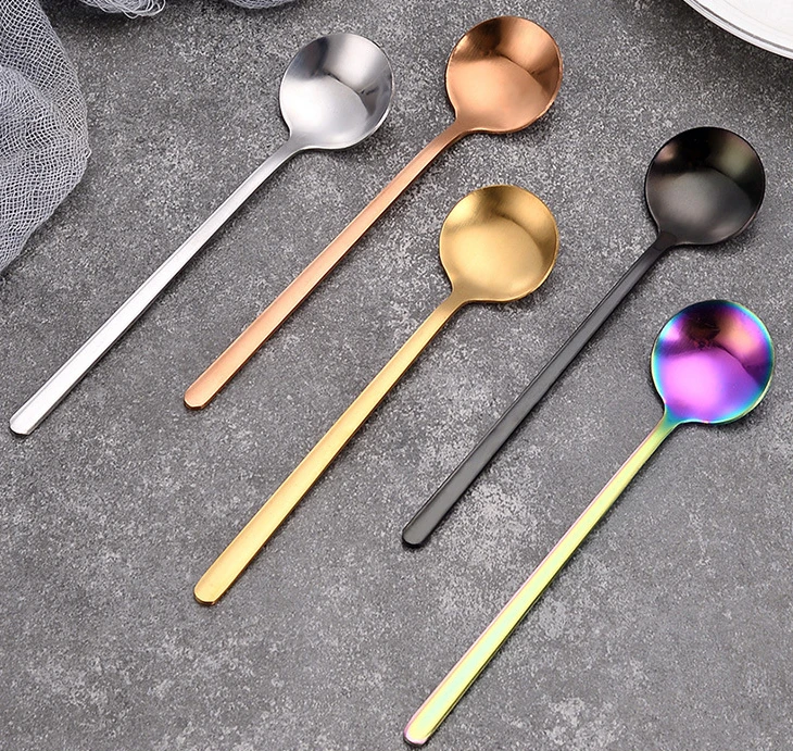 Stainless Steel Creative Stirring Tea Coffee Spoon Titanium Golden Long Handle Mug Honey Dessert Small Round Ice Cream Spoon