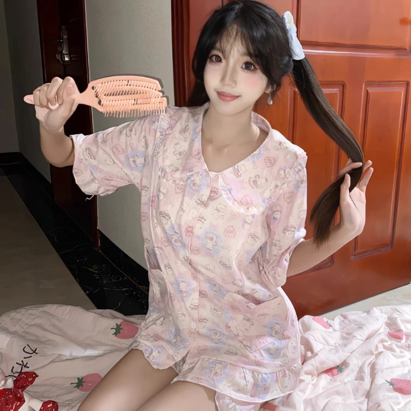 2025 Comfortable Homewear Japanese Ladies Sweet Cute Cartoon Printing Short-sleeved Fungus Pleated Doll Collar Pajamas Female