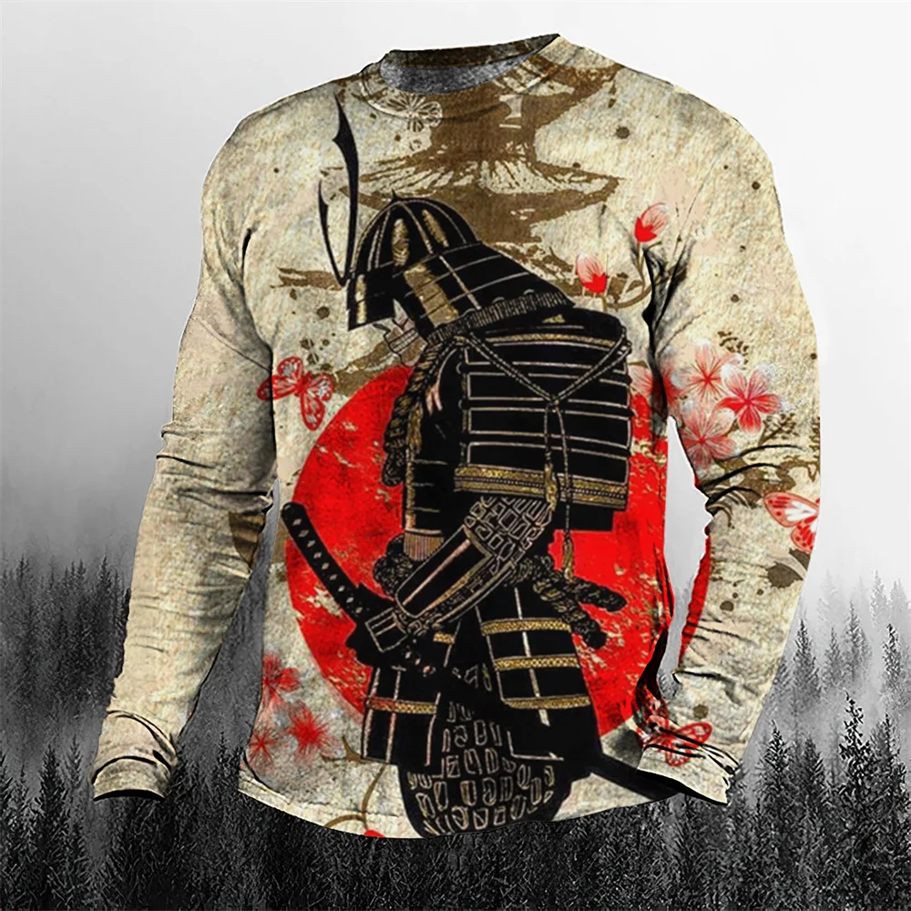 Super Cool Vintage Japanese Samurai Men\'s T-shirt O-Neck Men\'s Clothing Oversized Casual Long Sleeve Tops 3D Printed Boys T Sh