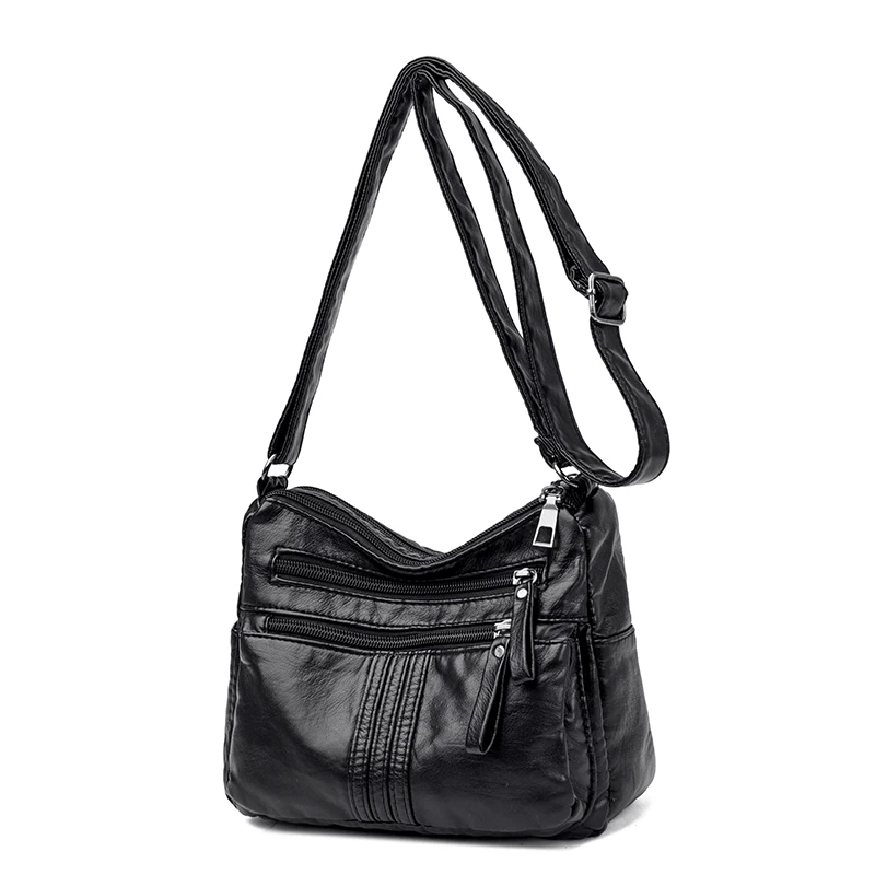 High Quality Women Soft Leather Shoulder Bag Black Crossbody Bags Casual Large Capacity Multi Pocket Wallets