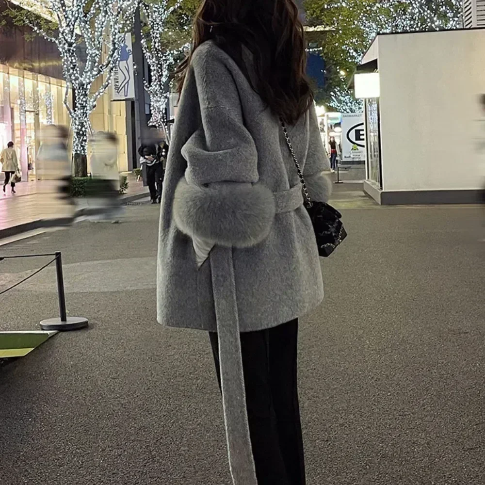 2024 High End Double-sided Wool Strapping Real Wool Fur Coat Women\'s Removable Cuffs Fox Fur Temperament Cashmere Short Jacket