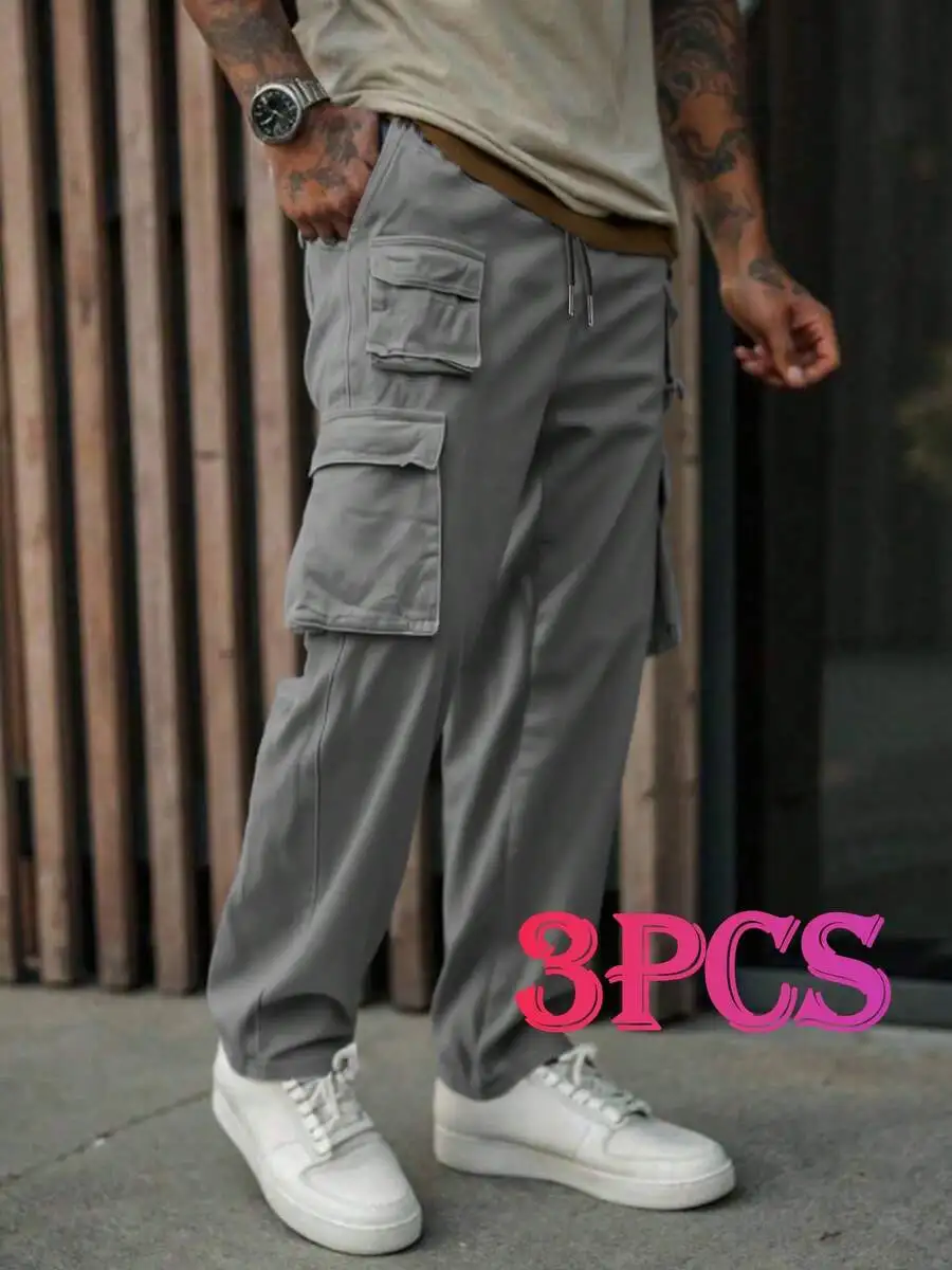 

3PCS Mens Cargo Pants Loose Fit Drawstring Straight Leg Outdoor Hiking Trousers Casual Sports Pants