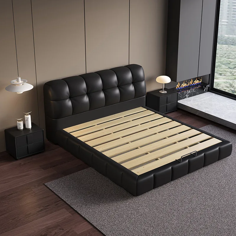 Leren bed, Italiaans, zacht, zwart, soezen, hoofdslaapkamer, tweepersoonsbed, modern, high-end