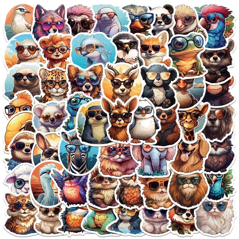 55pcs Cute Kids Decals Cartoon Animals Wearing Glasses Stickers For Laptop Water Bottle Luggage Diary Vinyl Waterproof Graffiti