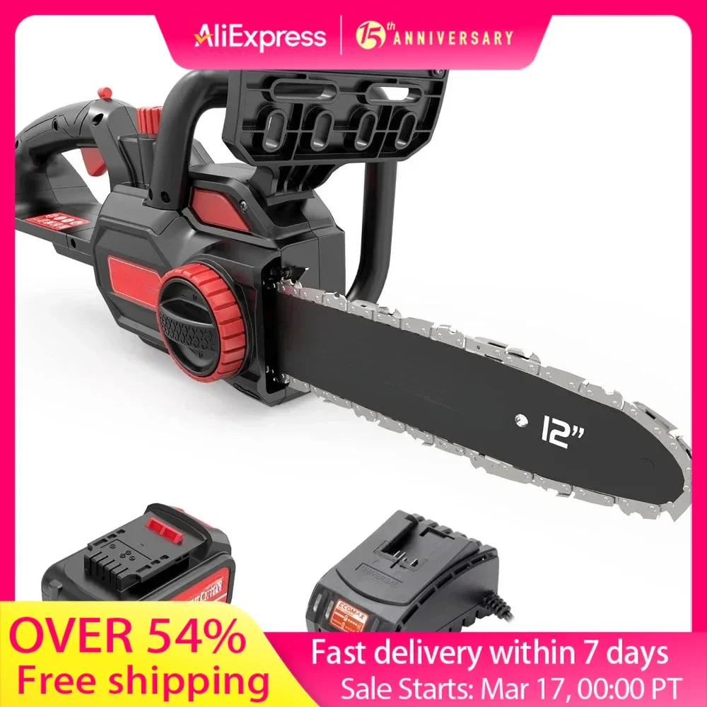 Cordless Chainsaw 12-Inch,18V Electric Chainsaw with 4Ah Battery and Fast Charger, Powerful Chain Saws with Double Safety Switch