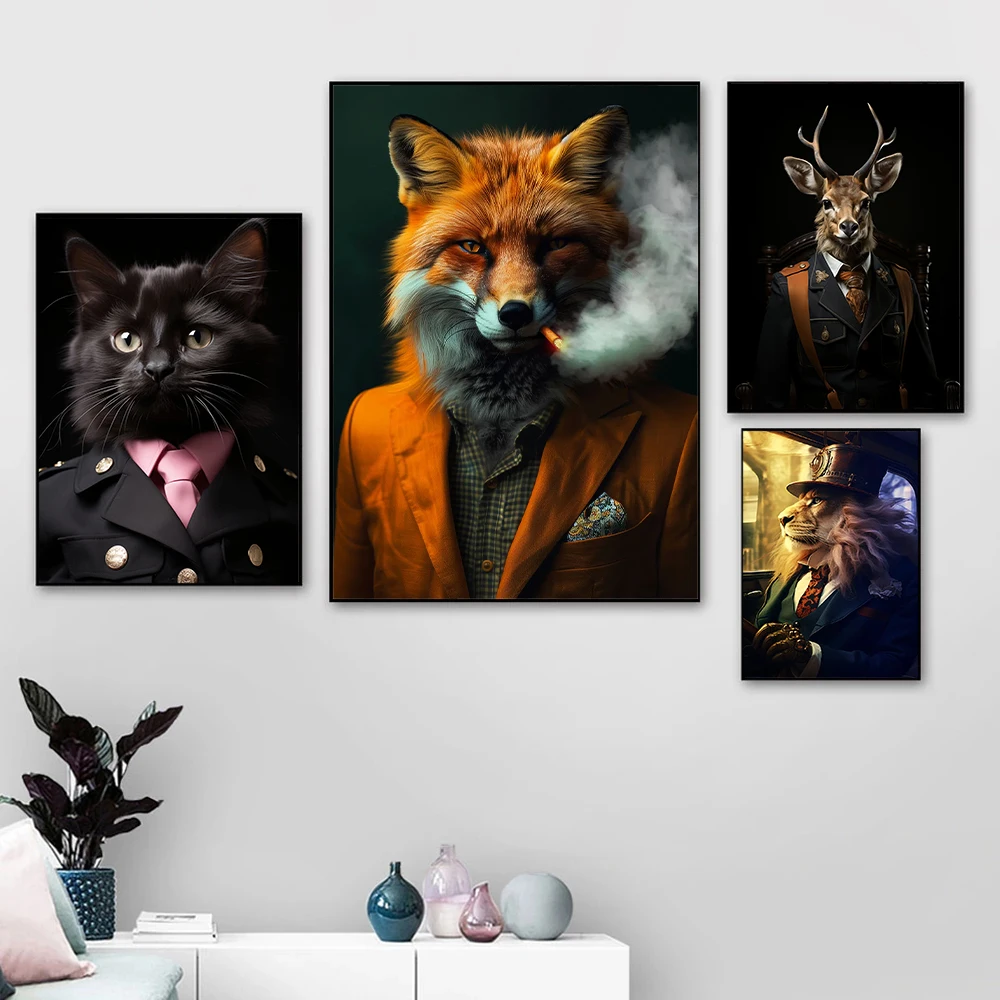 Black And White Temperament Handsome Uniform Animal Art Poster Canvas Print Bar Hotel Guesthouse Room Wall Decoration Painting