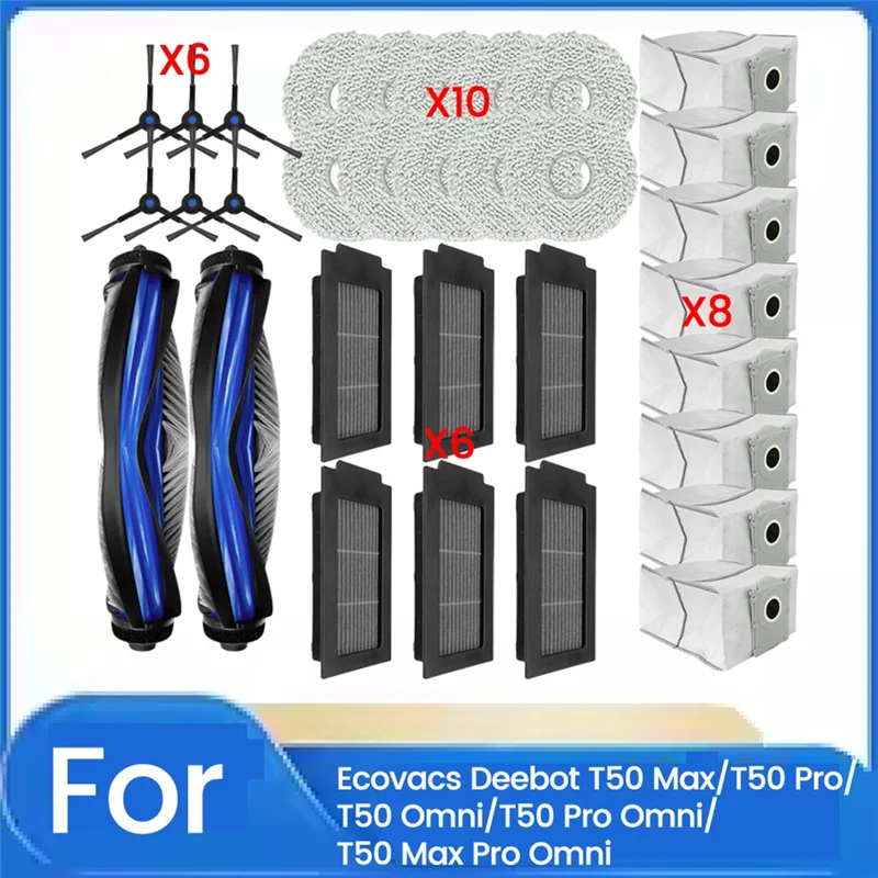 A85I-مجموعة تنظيف شاملة مكونة من 32 قطعة لـ Ecovacs Deebot T50 Pro Omni/T50 Max Pro Omni، مع فرش ومرشحات وأكياس غبار ومماسح