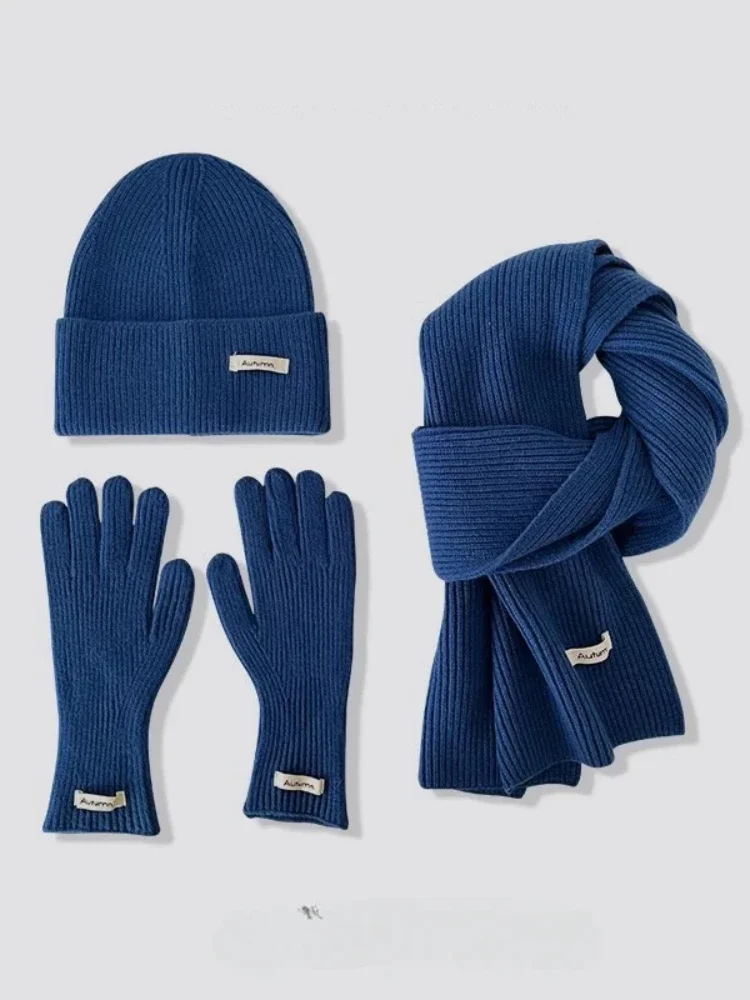 Feminino cor sólida malha inverno cachecol chapéu e luvas conjunto à prova de vento três peças acessórios de moda para adultos chapéus para mulher