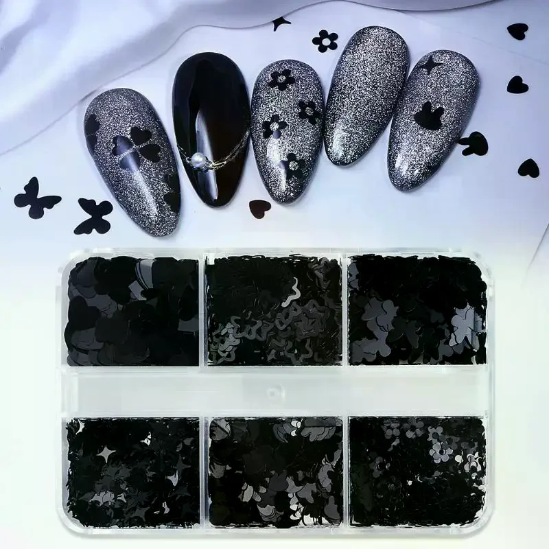 6 griglie Nero a forma di cuore Farfalla Stella Glitter per unghie Decorazioni miste Fiocchi per manicure Paillettes Stunning Seqiuns Manicure per unghie fai da te