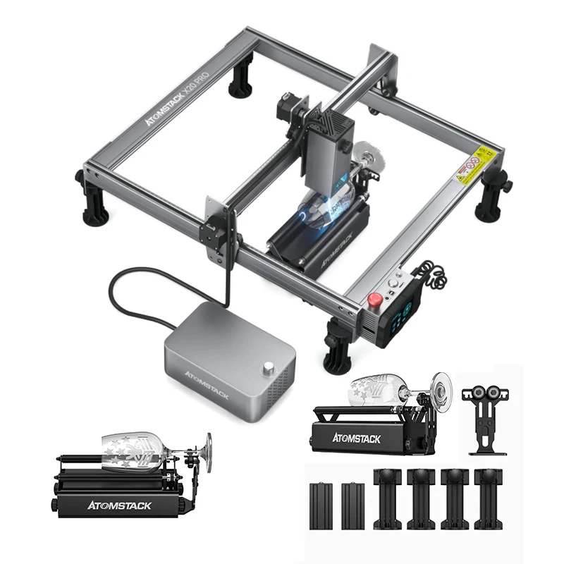 

ATOMSTACK X20 Pro 130W Quad-Core Diode Engraving Machine +Air Assist Pump+ Rotary Roller For Cylinders Bottle Shaker Glass