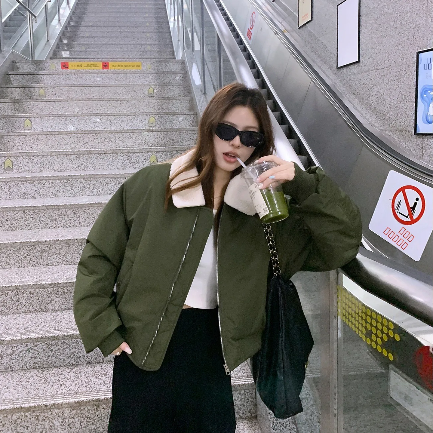 DHH Women's Loose Casual Cotton Jaet with Fur Collar Vintage Sle Autumn Winter New Arrival Knitted Thiened Outerwear