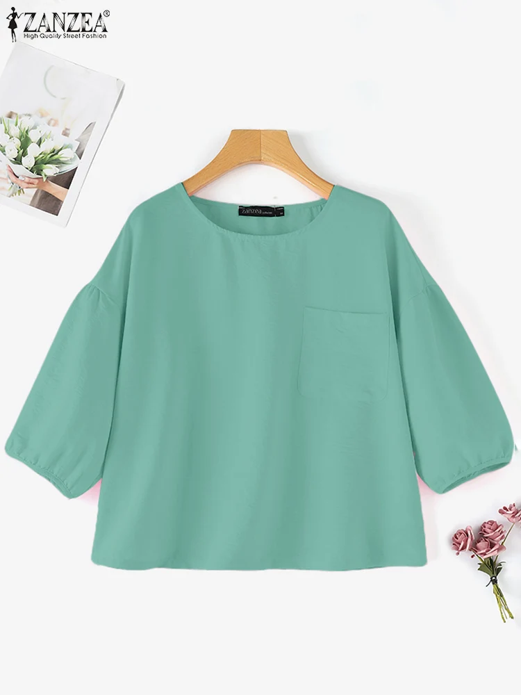 ZANZEA Women Summer O Neck 3/4 Sleeve Blouse Casual Solid Tops Elegant Work Shirt Female Loose Tunic Fashion Party Blusas 2024